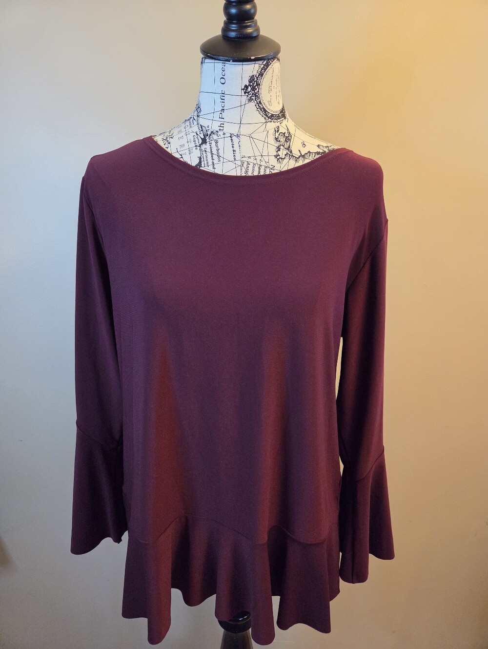 Sympli Size 14 Burgundy Tunic Top Blouse Bell Flare Sleeve Ruffle Hem Canada